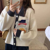 Women Knitwear Spring and Autumn Retro Lapels Contrast Color Knitted Cardigan