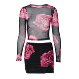 Women Co-Ord Set Sexy Mesh Suit Long Sleeve Top Short Skirt Suit
