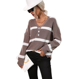 Women Knitted Sweater Autumn Stripes V-neck Pullover Sweater