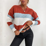 Women Knitted Sweater Autumn and Winter Leisure Top Color Matching Long Sleeve Sweater Loose