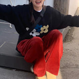 Women Knitted Pullover Vintage Flower round Neck Autumn and Winter Loose Flower Knitwear Sweater