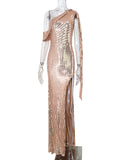 Women's Evening Gown Sexy Backless One-Shoulder Ribbon Sequins Dress Evening Dress