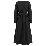 Women Date Dress Single-Breasted Cardigan Skirt V-neck Bubble Long Sleeve Dress