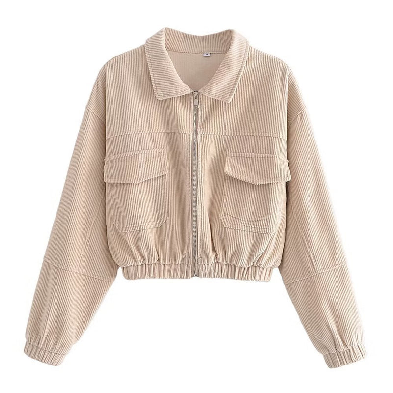 Women Jacket Lapel Long Sleeve Double Pocket Zipper Jacket Coat