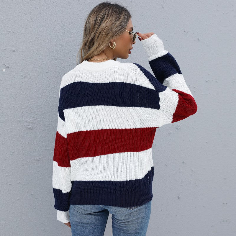 Women Knitted Sweater Autumn Long Sleeve Contrast Color Mock Neck Sweater