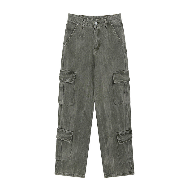 Men Jeans Retro Washed Gray Cargo Jeans