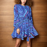 Women Dresses Casual Color Printed round Neck Loose Lantern Sleeve Short Dress (Qymy0409)