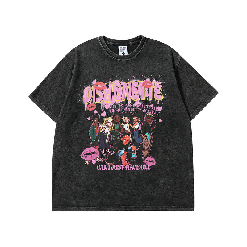 Men T Shirt Cartoon Printed Distressed Short Sleeve T-shirt