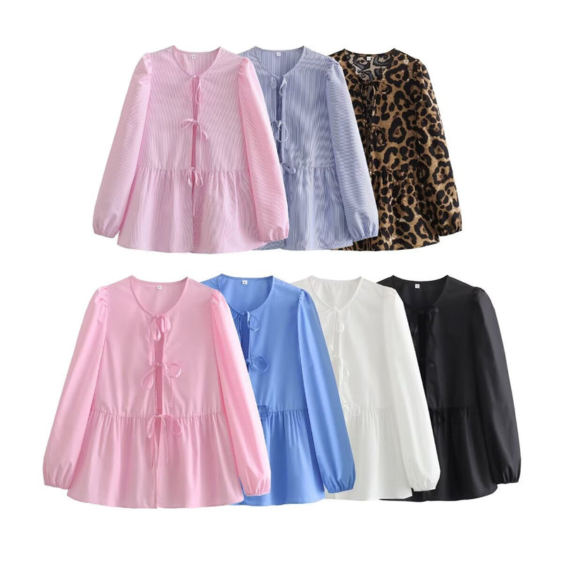 Women Tops Summer Puff Sleeve Bow Lace-up Shirt Mid-Length Top
