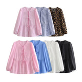 Women Tops Summer Puff Sleeve Bow Lace-up Shirt Mid-Length Top