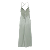 Women Dress Sexy Green Satin V-neck Strap Dress