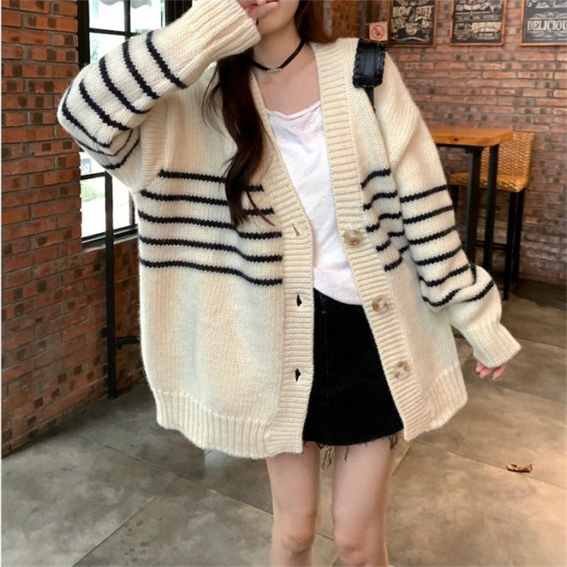 Women Knitwear Autumn and Winter Striped V-neck Sweater Loose Casual Knitted Cardigan