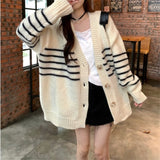 Women Knitwear Autumn and Winter Striped V-neck Sweater Loose Casual Knitted Cardigan