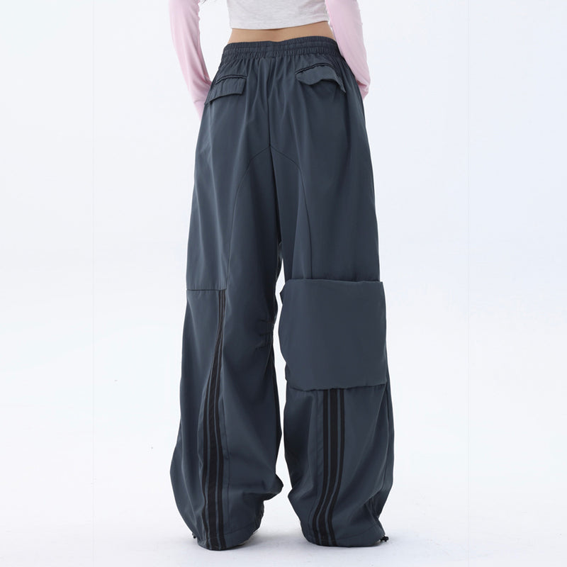 Men Sweatpants Casual Trousers Striped Stitching Ruffle Ankle-Tied Drawstring Sports Pants