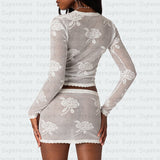 Women T-shirt Hollow-out Long Sleeve Top Suit Sexy Slim Suit Voile Pattern Suit