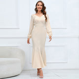Women Date Dress V-neck Fishtail Skirt Elegant High Waist Evening Long Dress