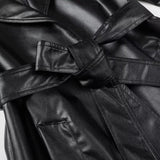 Women Coats Spring Faux Leather PU Black Long Trench Coat