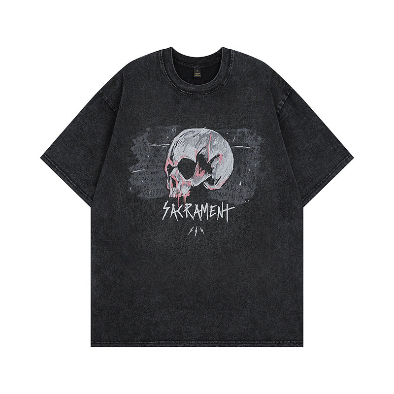 Men T Shirt Skull Print Distressed Short Sleeve T-shirt Hip Hop Retro Half Sleeve T-shirt Men