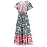 Women Date Dress Summer V-neck Ruffle Vintage Floral Beach Dress