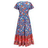 Women Date Dress Summer V-neck Ruffle Vintage Floral Beach Dress