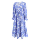 Women Date Dress Autumn and Winter Leisure Floral Print Long Sleeve Lace up Casual Dress Maxi Dress