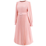 Women Date Dress Fall/Winter Slim Long Sleeve round Neck Pleated Long Dress