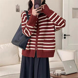 Women Knitwear Autumn and Winter Striped Lapel Double Zipper Sweater Coat Knitted Cardigan