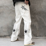 Men Sweatpants Five-Pointed Star Embroidered Slacks Loose Wide-Leg Pants Elastic Waist Mop Pants Trousers