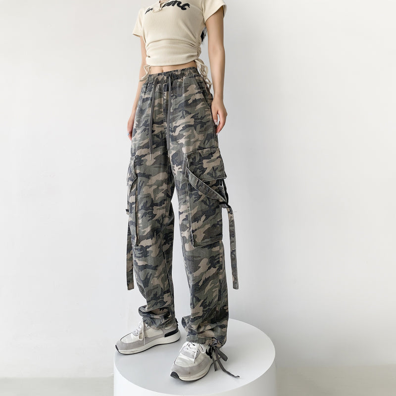 Women Sweatpants Retro Washed Camouflage Cargo Pants Multi-Pocket Ankle Banded Slacks