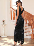 Women Evening Gown Sexy V-neck Vintage Party Sequins Dress
