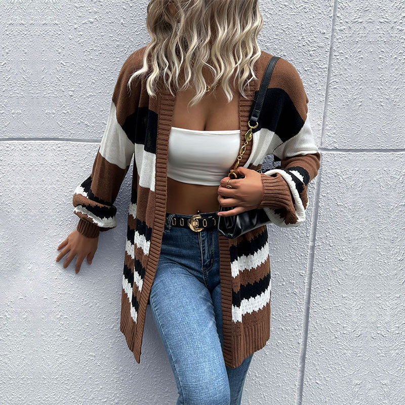 Women Knitted Sweater Autumn and Winter Leisure Coat Color Matching Long Sleeve Sweater Cardigan