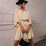 Women Dress round Neck Elastic Waistband Short Skirt Long Sleeve Dress