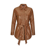 Women Leather Jacket Lapel Belt Decorative Brown Waist Brown Leather Coat Top