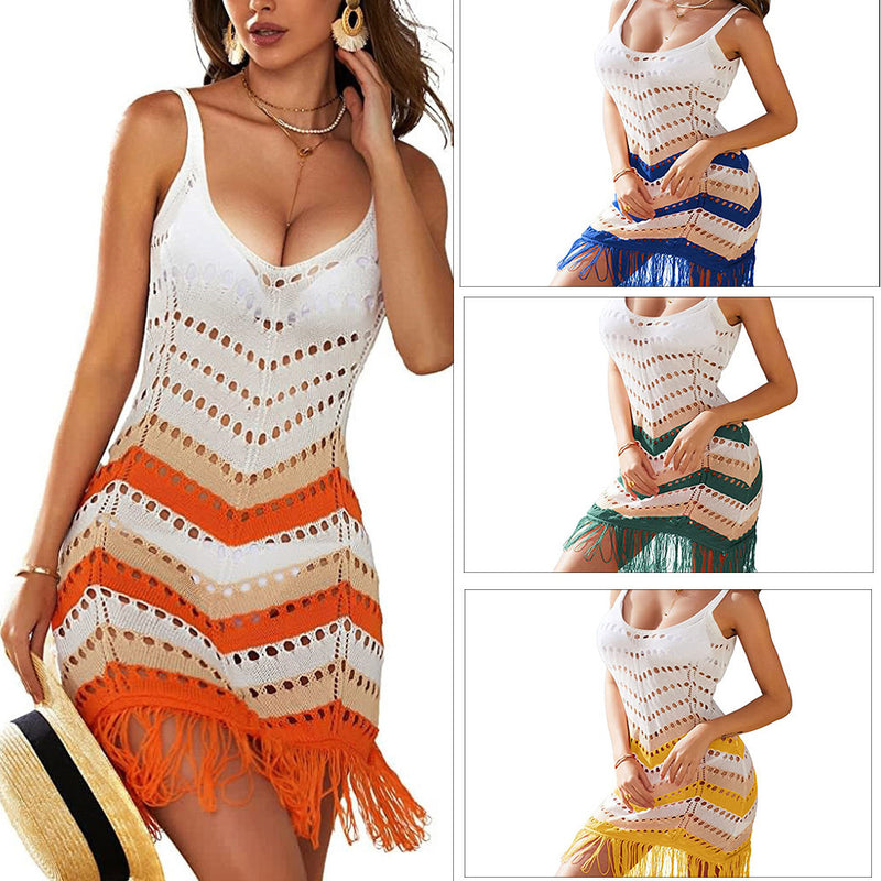 Women Knit Beach Cover Bikini Blouse Summer Knitted Beach Sun Protection Clothing Tassel Striped Vest Skirt