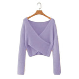 Women Sweater Knitwear Retro Cross V-neck Sweater Long Sleeve Sweater