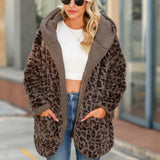 Women Trench Coat Autumn and Winter Hooded Long Sleeve Loose Pockets Mid-Length Cardigan Fluffy Leopard Coat