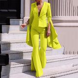 Women Trench Coat Suit Jacket Tops High Waist Big Swing Bell-Bottom Pants Two-Piece Set