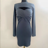 Women Dresses Two-Piece Sling Dress Hip Skirt Long Sleeve Cutout Shawl Sleeves