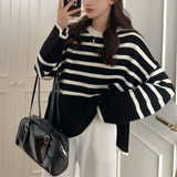 Women Knitwear Autumn Winter Retro Striped round Neck Sweater Loose Sweater