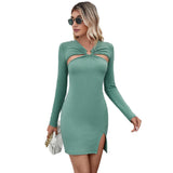 Women Dress V-neck Hollow Hip Sleeve Sexy Dress