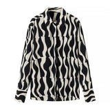 Women Tops Summer Wave Pattern Shirt Single-Breasted Mid-Length Top