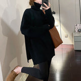 Women Knitwear Autumn and Winter Turtleneck Slit Knit Sweater Loose Sweater