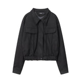 Women Jacket Wrinkle Short Coat Casual Faux Pocket Decorative Solid Color Jacket