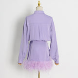 Women Dresses Short Skirt Spring Lapel Feather Long Sleeve Dress (Qymy0409)
