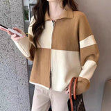 Women Knitwear Spring and Autumn Retro Lapels Double Zipper Sweaters Cardigan