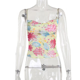 Women Tops Summer Slim Fit Vest Sexy Straps Tulle Printed Top