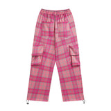 Men Sweatpants Workwear with Pocket Plaid Casual Trousers Men Elastic Waist Sports Loose Wide Leg Pants