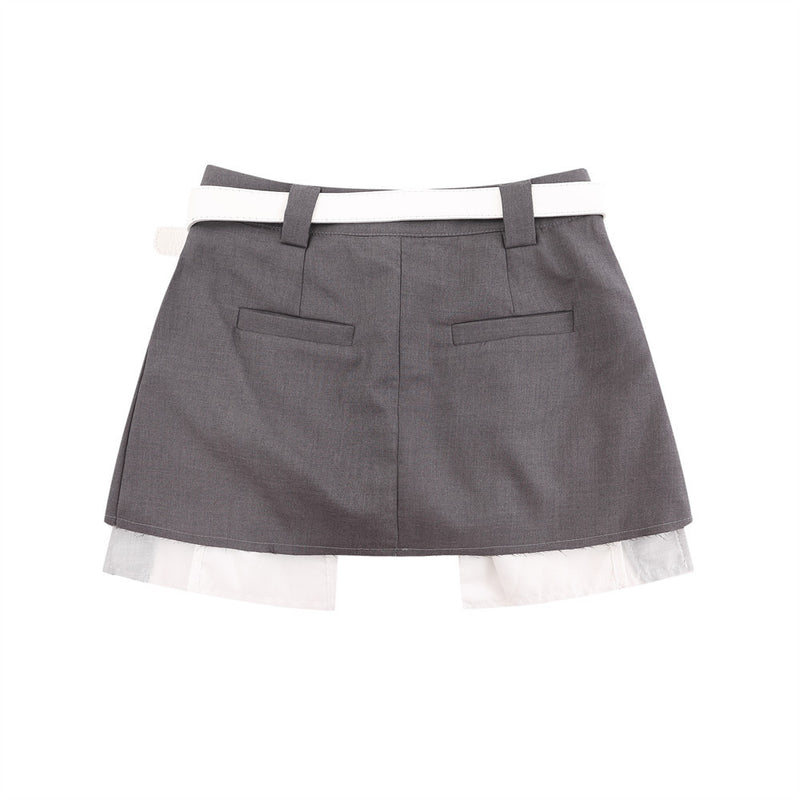 Women Skirt Pleating Suit Skirt with Belt Leisure A- line Skirt