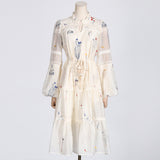 Women Dresses Spring Lantern Sleeve Embroidery Voile High Waist Dress (Qymy0409)