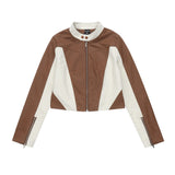 Women Jacket PU Leather Jacket Women's Casual Stand Collar Stitching Motorcycle Clothing